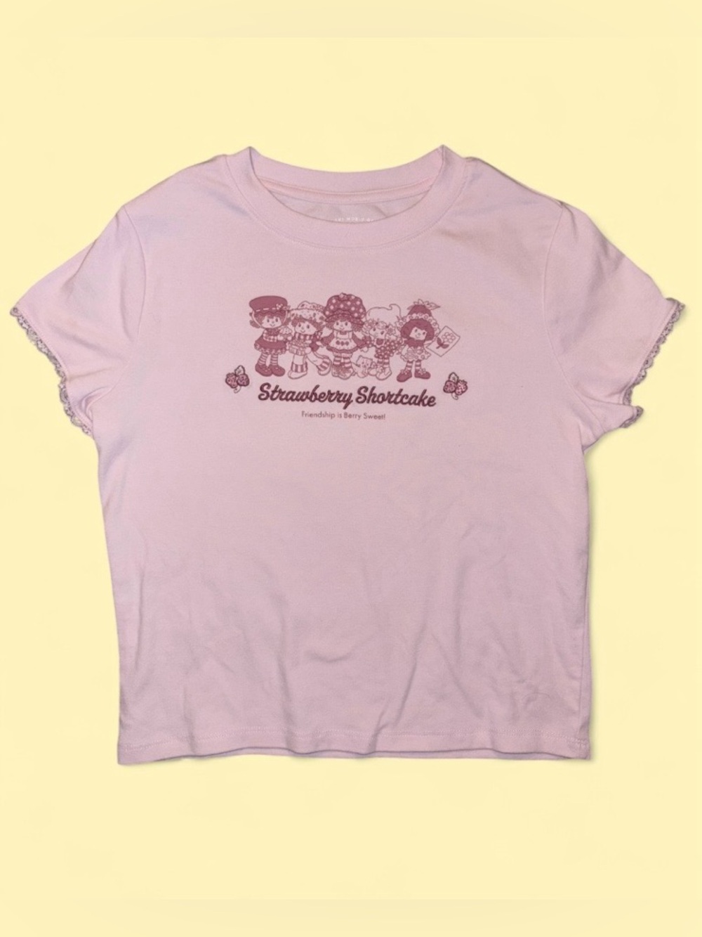 Strawberry Shortcake 🍓 Baby Tee Y2K Pink Graphic Lace Trim Top - Size S
